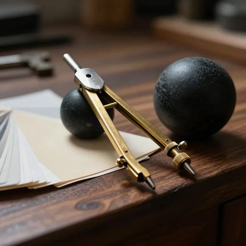 Brass drafting compass, stone sphere, and swatch fan on walnut wood in soft studio light