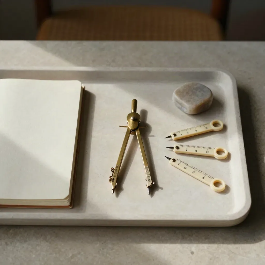 Overhead flatlay of compass, notebook, paperweight and cream dividers on a plaster tray.