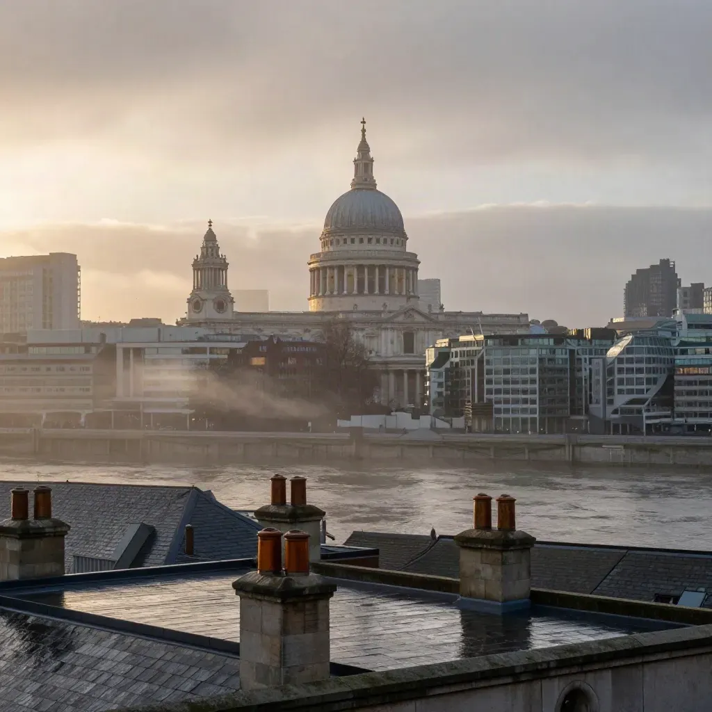 Dawn London skyline over the Thames, St Paul’s high above mist and wet rooftops.