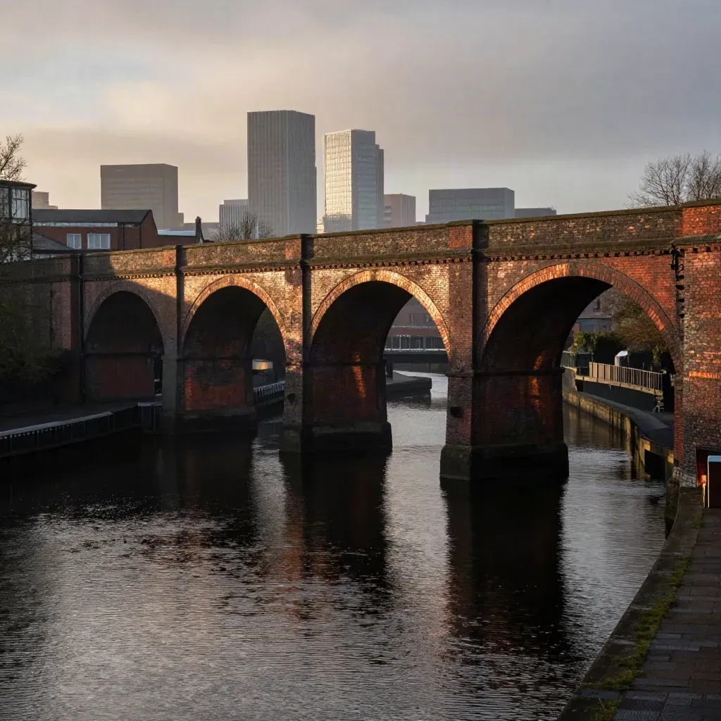 Castlefield brick viaducts and copper canal water beneath a misty Manchester skyline